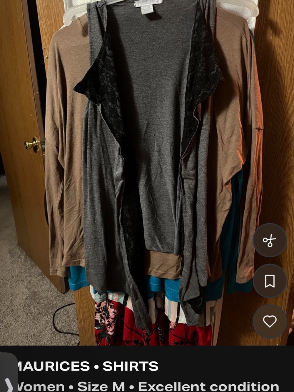 Maurices Gray Open-Front Cardigan with Black Lace Trim